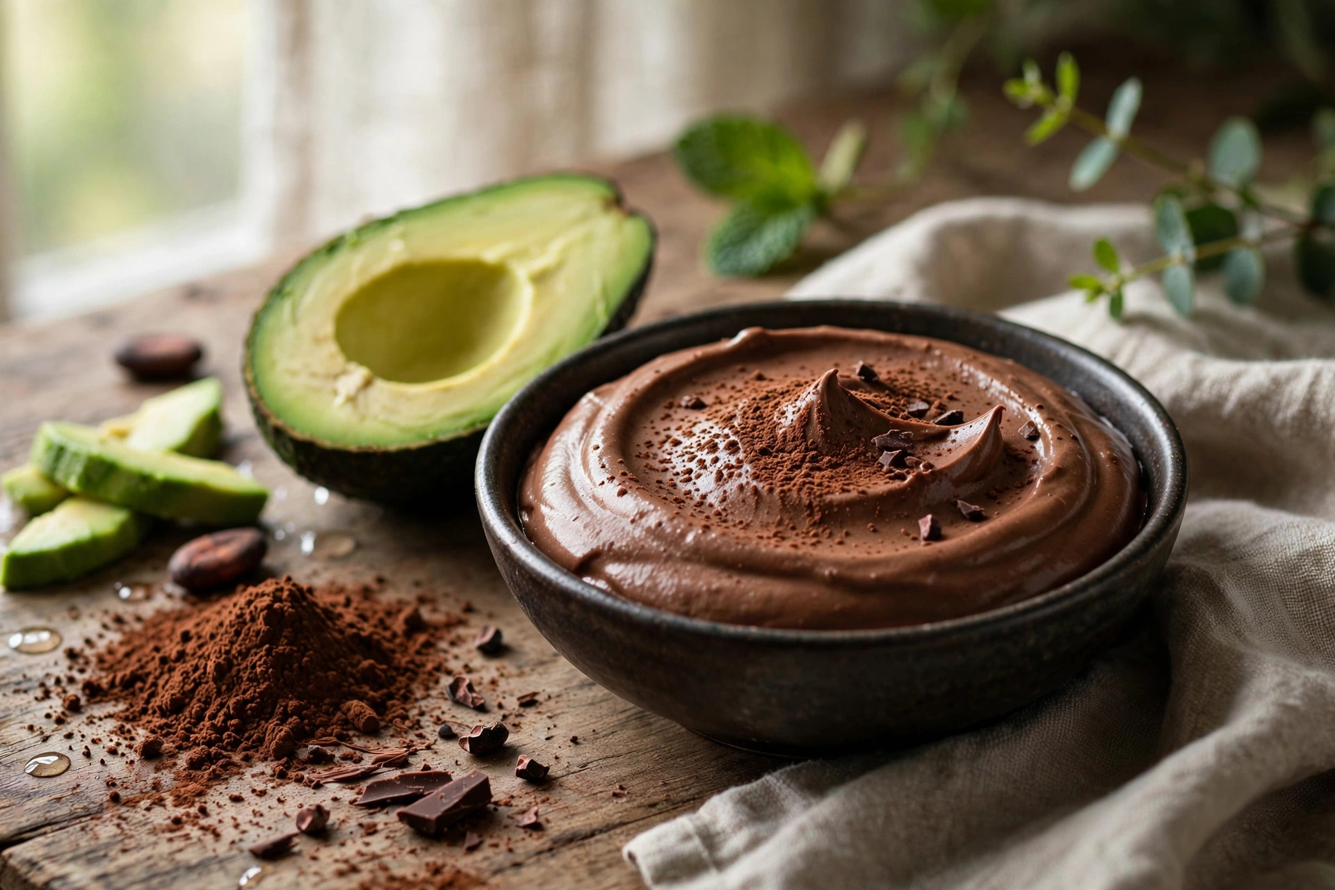 Silky chocolate avocado mousse in a dark ceramic bowl