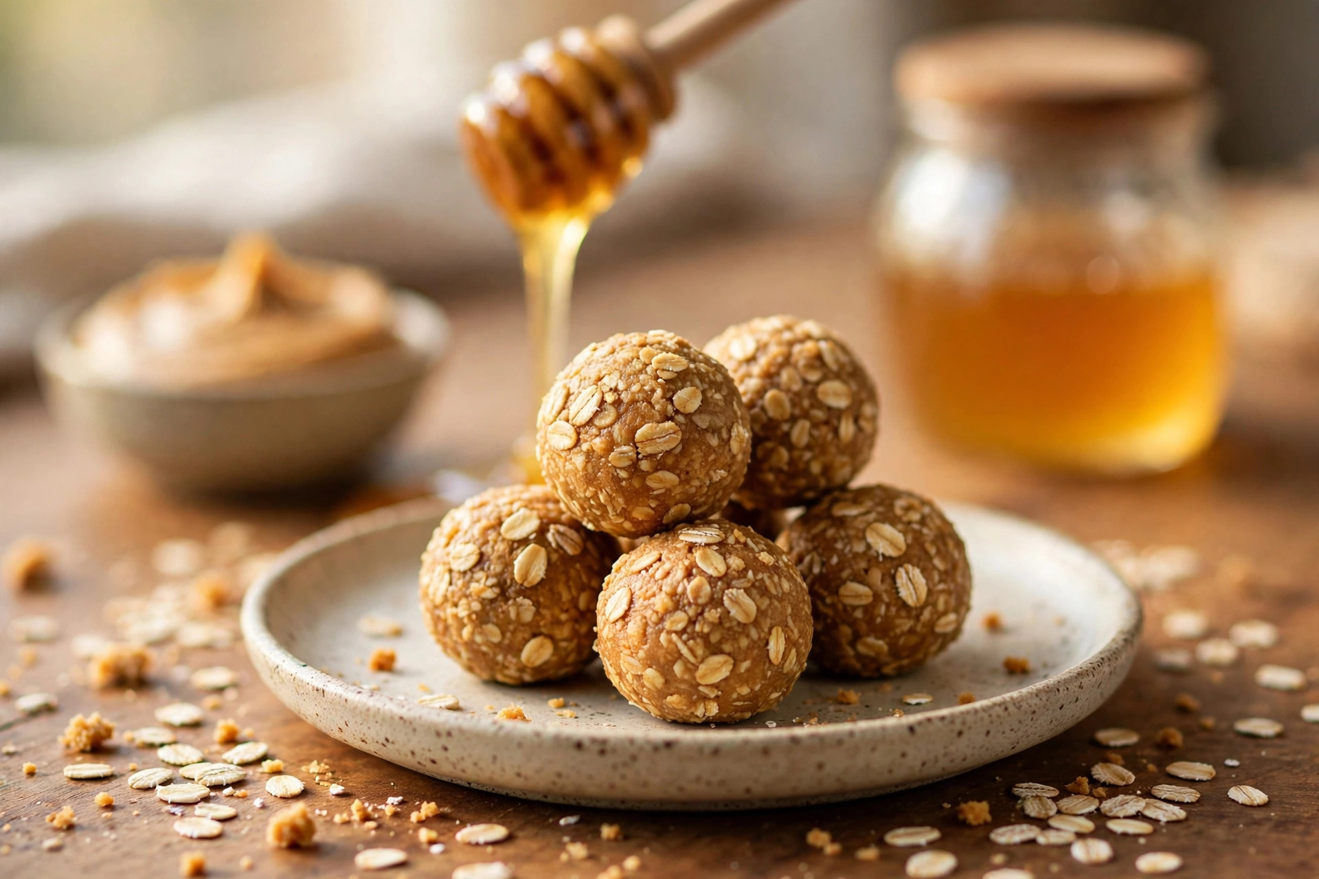 Peanut butter energy balls rolled in oats, stacked on a rustic ceramic plate with honey drizzling behind them